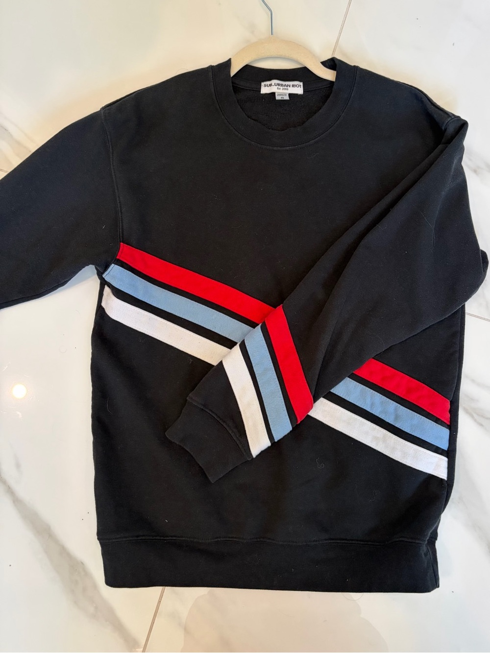 Sub_Urban Riot Black Crewneck Sweatshirt with Red, Light Blue, White Stripes